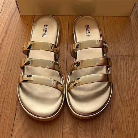 michael kors gold metallic slides|Michael Kors slides wedges.